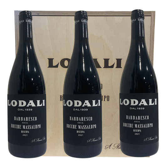 BARBARESCO DOCG RISERVA "ROCCHE MASSALUPO" 2021 CASSA IN LEGNO DA TRE BOTTIGLIE - LODALI DAL 1939